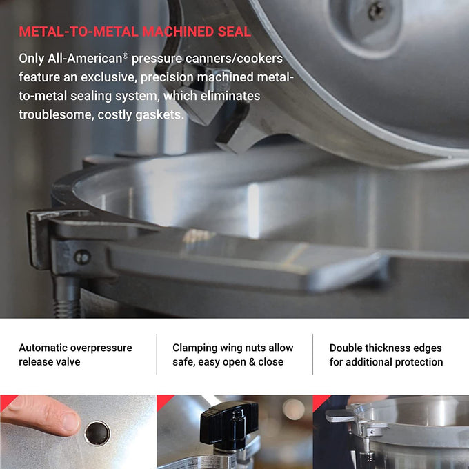 Close-up view of the precision machined metal-to-metal sealing system on a heavy-duty pressure canner, featuring wing nuts for secure clamping and automatic overpressure release, ideal for safe food preservation in Farm, Garden & Tool, Kitchen & Food, and Pressure Canners collections.