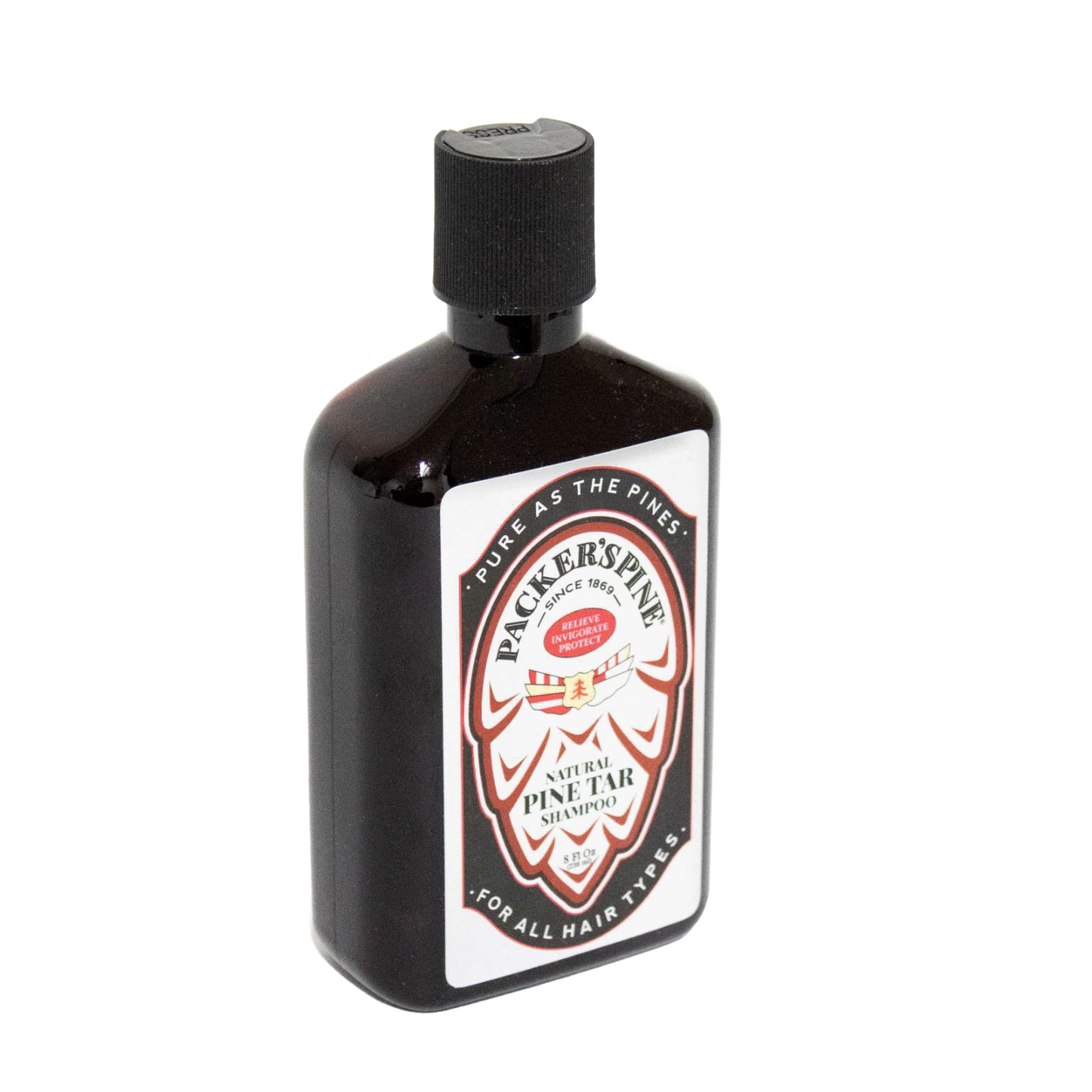 Dark amber bottle of handcrafted natural pine tar shampoo with black flip-top cap, featuring label highlighting sulfate-free formula and scalp relief, ideal for Health & Wellness and Grooming collections.