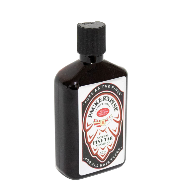Dark amber bottle of handcrafted natural pine tar shampoo with black flip-top cap, featuring label highlighting sulfate-free formula and scalp relief, ideal for Health & Wellness and Grooming collections.