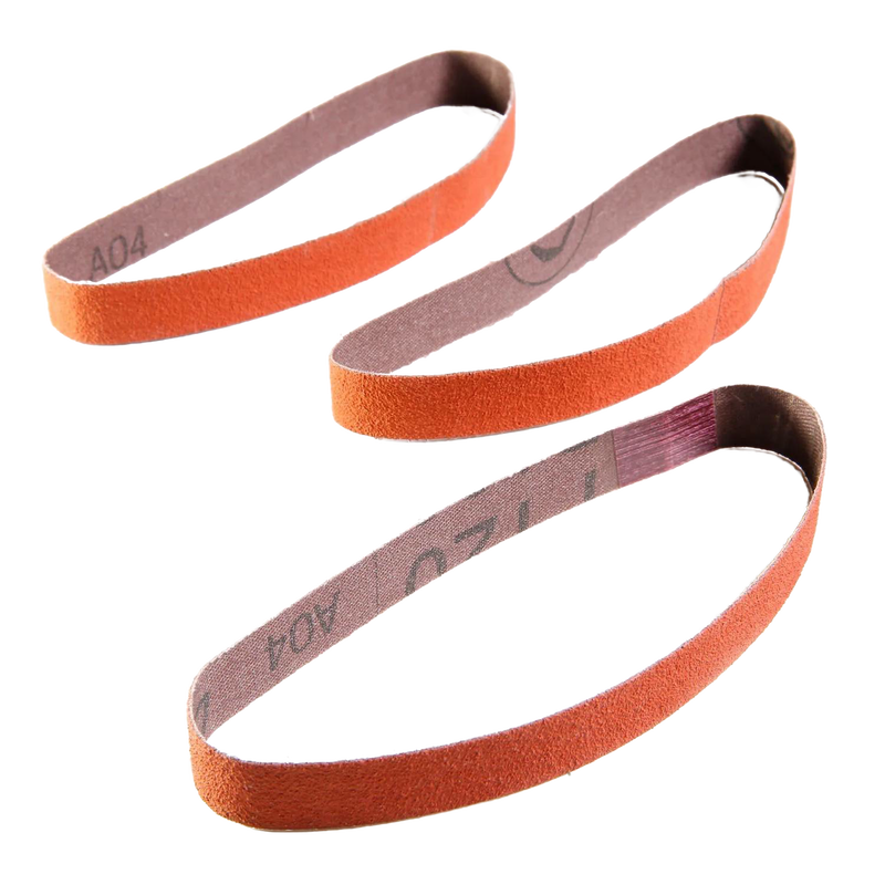 Set of three replacement abrasive belts in reddish-brown color, designed for use with knife sharpening tools, ideal for Farm, Garden & Tool and Kitchen & Food collections.