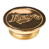 Polished brass filler cap with threaded base embossed with "Rayo," designed for oil lamps and compatible with lamp parts and accessories collections.