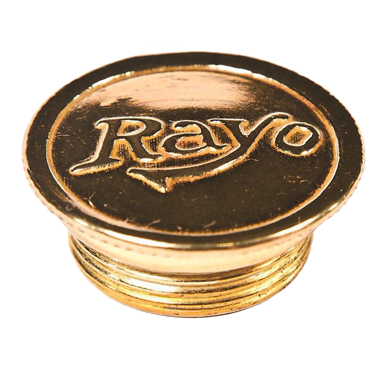 Polished brass filler cap with threaded base embossed with "Rayo," designed for oil lamps and compatible with lamp parts and accessories collections.