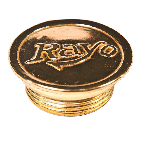 Polished brass filler cap with threaded base embossed with "Rayo," designed for oil lamps and compatible with lamp parts and accessories collections.
