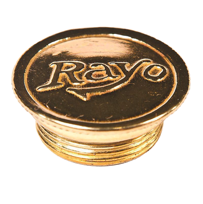 Polished brass filler cap with threaded base embossed with "Rayo," designed for oil lamps and compatible with lamp parts and accessories collections.