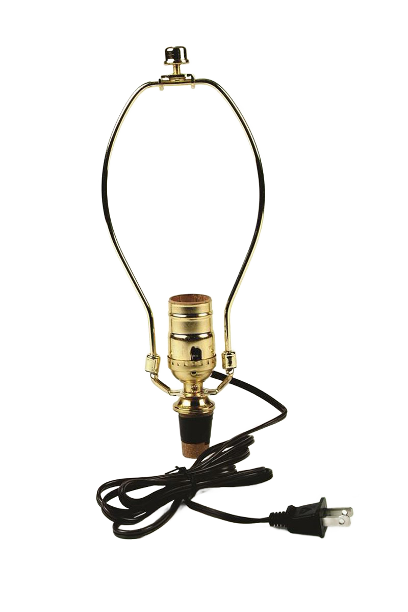 Brass-plated lamp harp and push-thru socket with adjustable cork adapter and six-foot cord, designed for electric light conversions and included in best-selling lighting accessories.