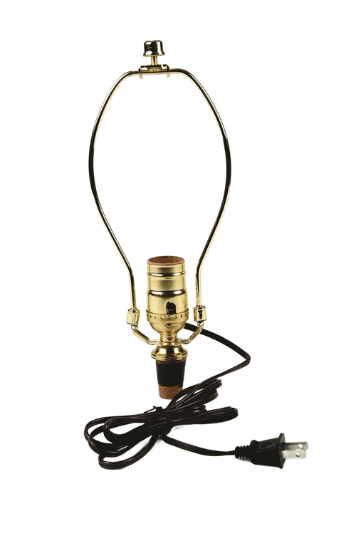 Brass-plated lamp harp and push-thru socket with adjustable cork adapter and six-foot cord, designed for electric light conversions and included in best-selling lighting accessories.