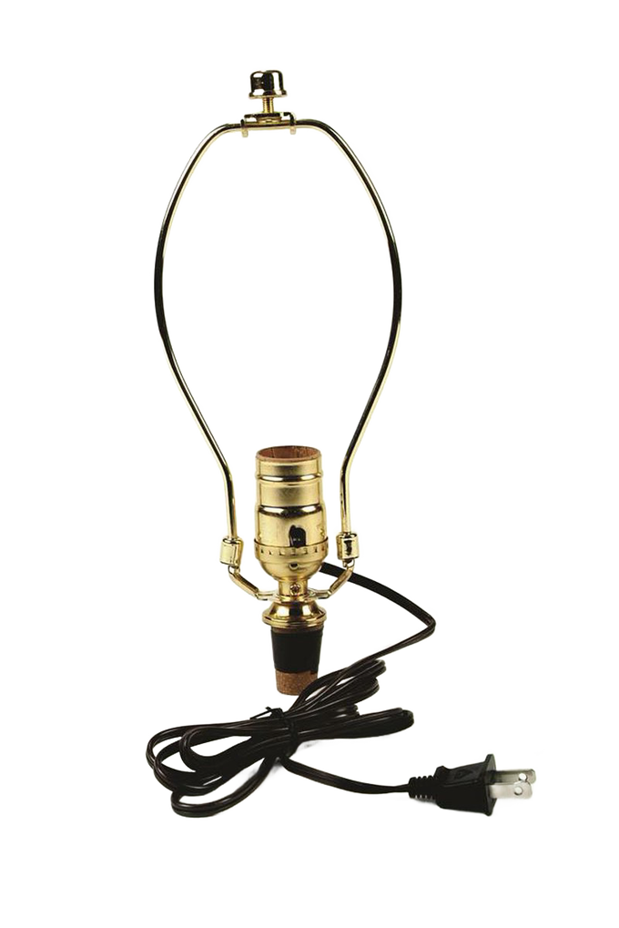Brass-plated lamp harp and push-thru socket with adjustable cork adapter and six-foot cord, designed for electric light conversions and included in best-selling lighting accessories.