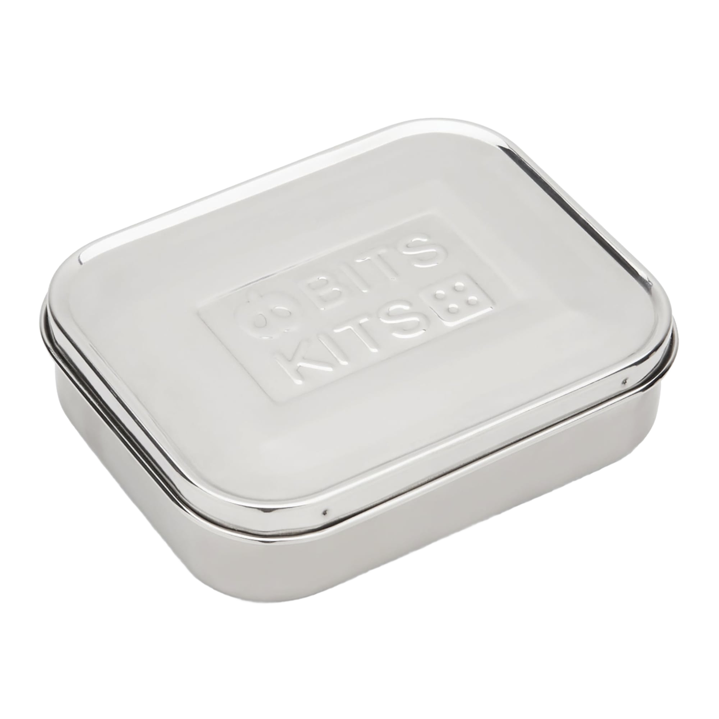 Closed rectangular stainless steel snack container featuring a smooth finish and embossed lid design, suitable for Kitchen & Food, Storage and Serving, Best Sellers, and Promo Eligible collections.