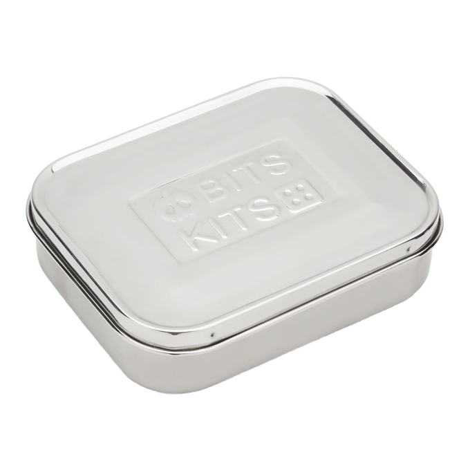 Closed rectangular stainless steel snack container featuring a smooth finish and embossed lid design, suitable for Kitchen & Food, Storage and Serving, Best Sellers, and Promo Eligible collections.