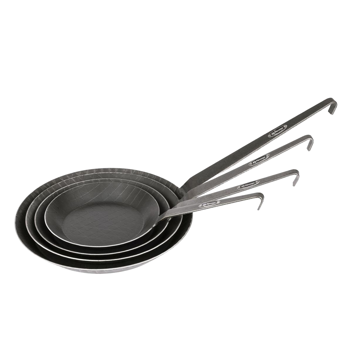 Stack of four handcrafted wrought iron pans with long handles featuring textured surfaces, designed for outdoor and indoor cooking in Farm, Garden & Tool, Kitchen & Food, Camping, Cookware, Pots and Pans, Best Sellers, and Promo Eligible collections.