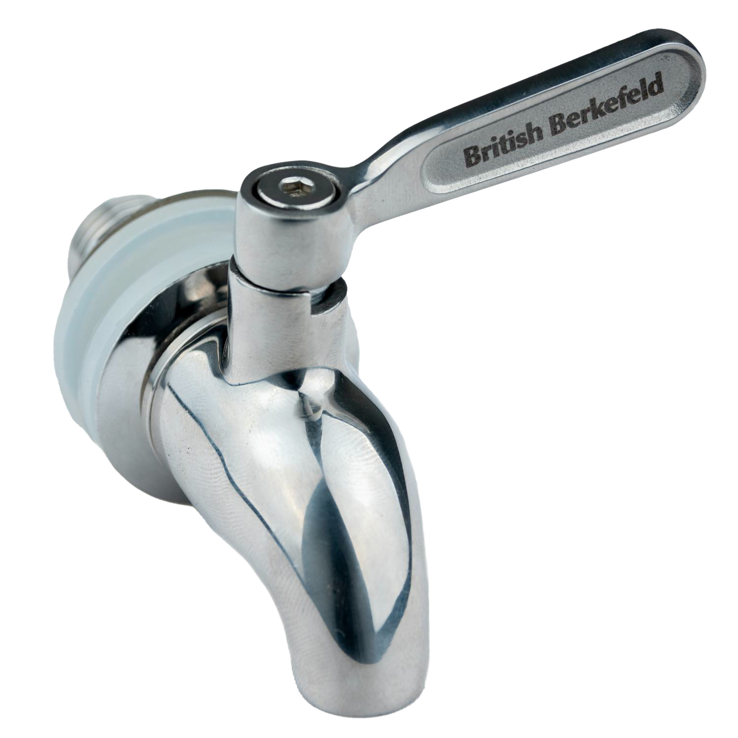 Handcrafted stainless steel replacement tap with lever handle engraved British Berkefeld, designed for gravity water filters, suitable for Appliances, Emergency Supplies, and Water Heating collections.