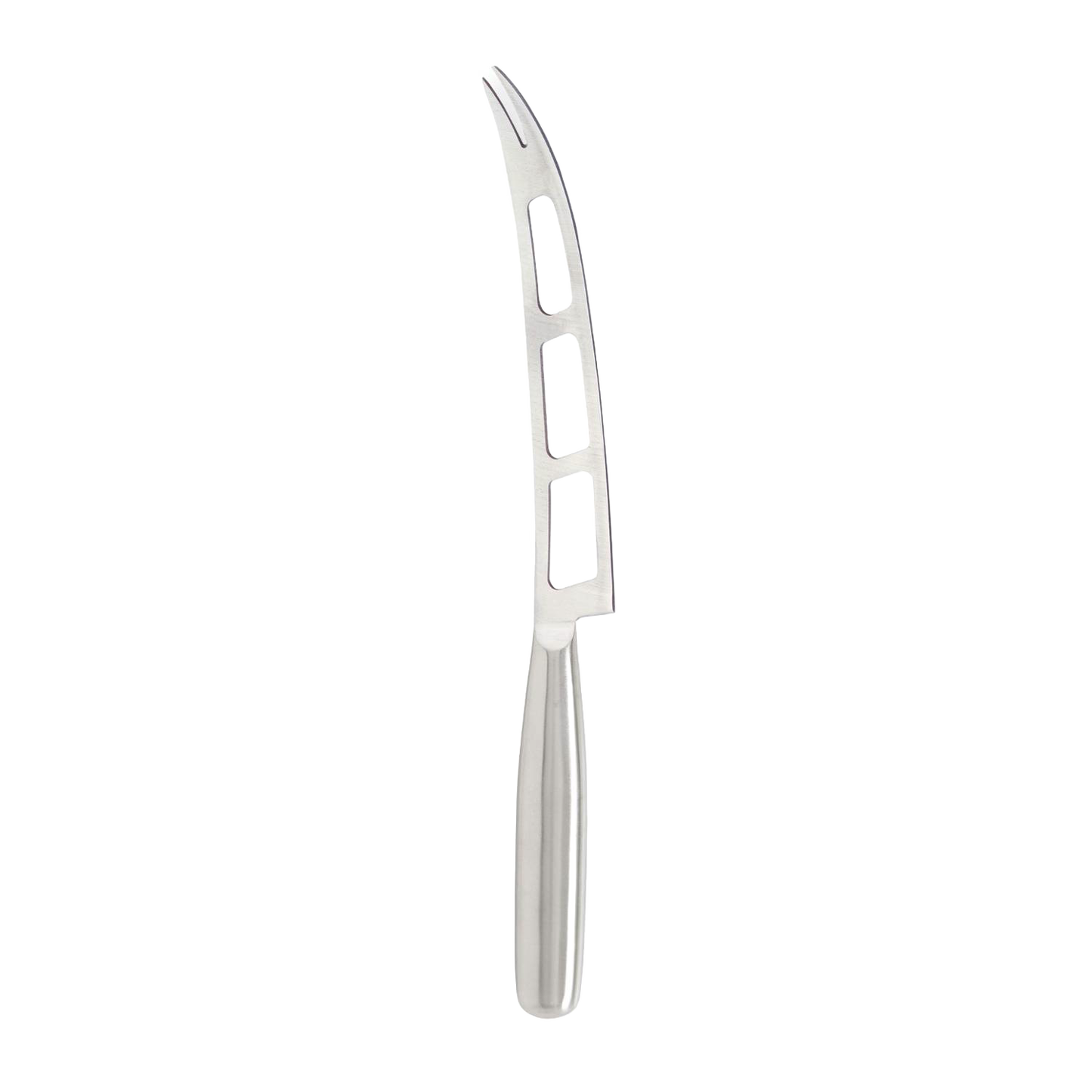 Lightweight stainless steel soft cheese knife with vented, forked blade designed for smooth slicing and serving of mozzarella, brie, and goat cheese in Kitchen & Food and Food Prep collections.
