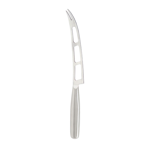 Lightweight stainless steel soft cheese knife with vented, forked blade designed for smooth slicing and serving of mozzarella, brie, and goat cheese in Kitchen & Food and Food Prep collections.