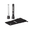 Camping firestarter tool with a cylindrical metal plunger and black outer casing, accompanied by small parts and a branded black drawstring pouch, ideal for farm, garden, and emergency use.