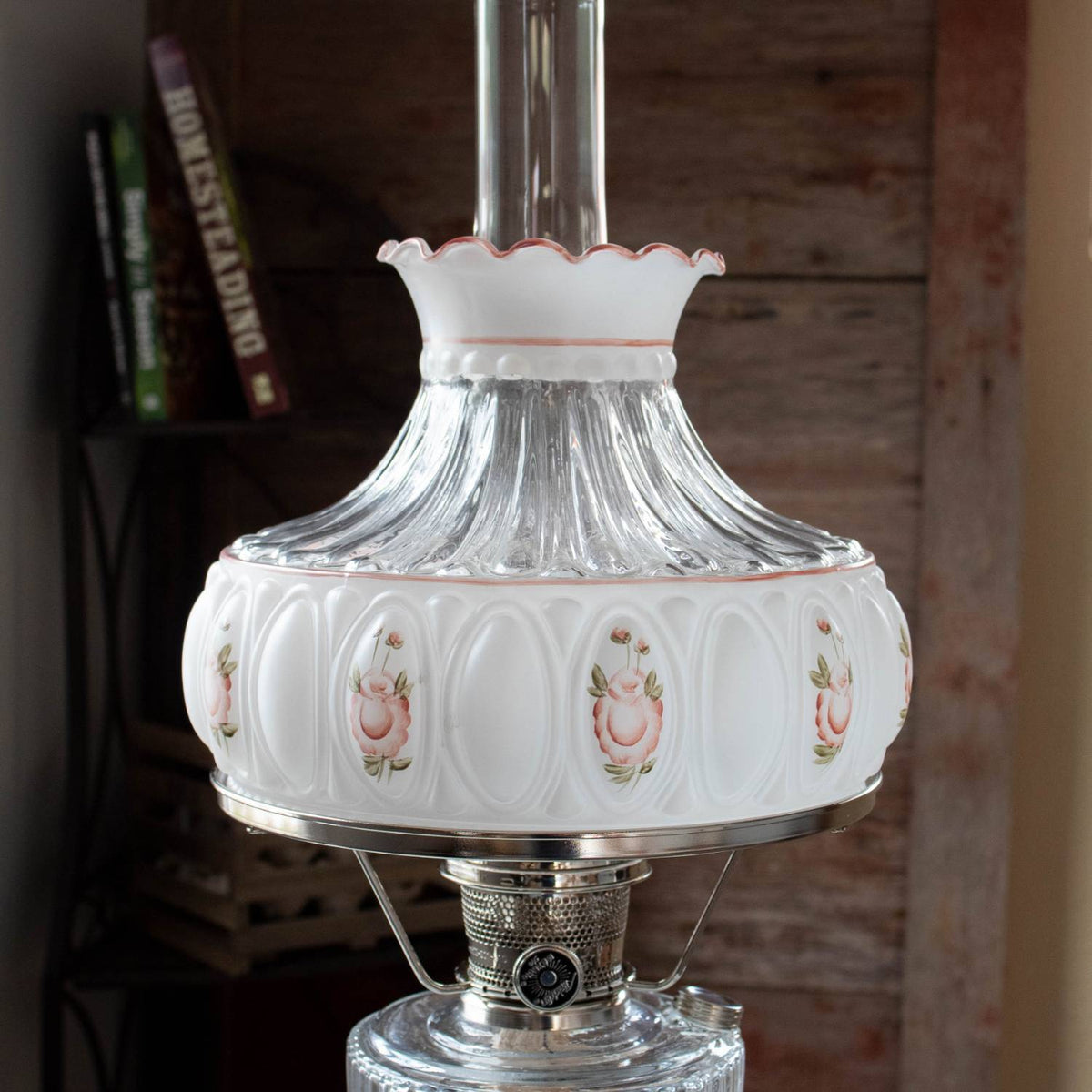 Handcrafted glass oil lamp shade featuring a delicate pink rose pattern with scalloped edge, designed for lamps with 10-inch shade rings in lamps & lighting collections.