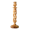 Handcrafted winding hollow olive wood candle holder with intricate carved design, showcasing natural wood grain, perfect for home decor and lighting collections.