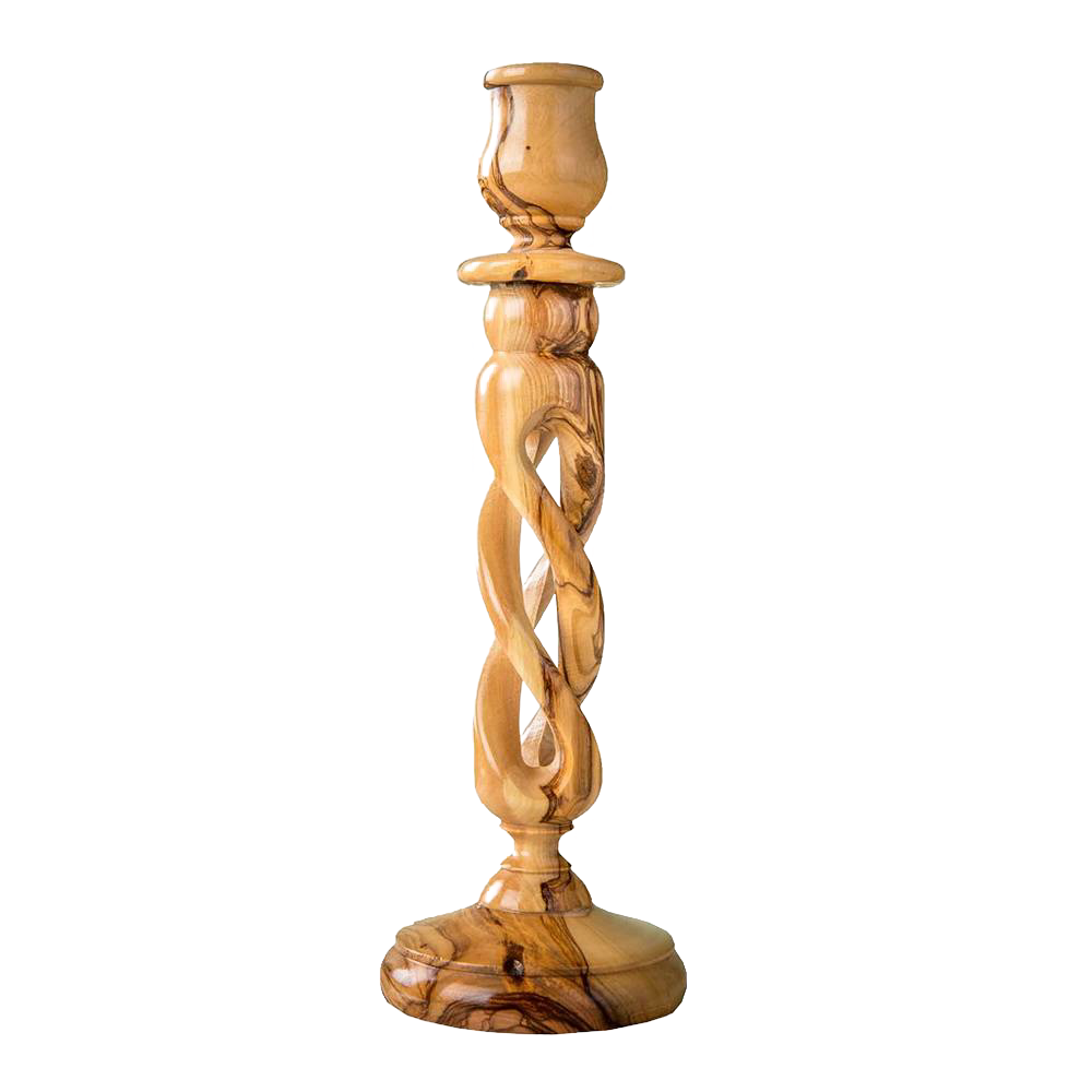 Handcrafted winding hollow olive wood candle holder with intricate carved design, showcasing natural wood grain, perfect for home decor and lighting collections.