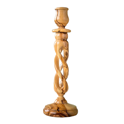 Handcrafted winding hollow olive wood candle holder with intricate carved design, showcasing natural wood grain, perfect for home decor and lighting collections.
