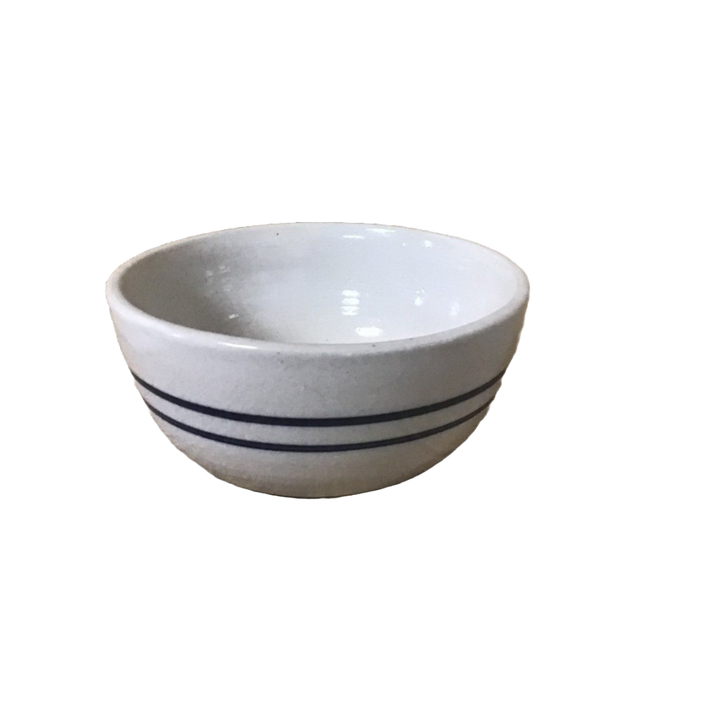 Hand-thrown stoneware bowl with double blue stripes on natural stone, handcrafted in the USA, ideal for serving salads or snacks in Kitchen & Food and Dinnerware collections.