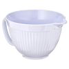 White 3-quart mixing bowl with textured exterior, smooth interior, built-in handle and spout for easy pouring, ideal for kitchen, cookware, and baking supplies collections.