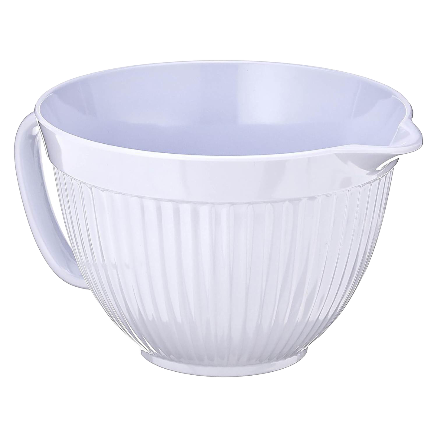 White 3-quart mixing bowl with textured exterior, smooth interior, built-in handle and spout for easy pouring, ideal for kitchen, cookware, and baking supplies collections.