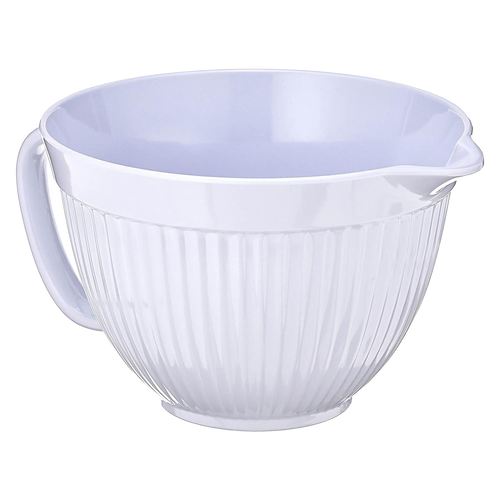 White 3-quart mixing bowl with textured exterior, smooth interior, built-in handle and spout for easy pouring, ideal for kitchen, cookware, and baking supplies collections.