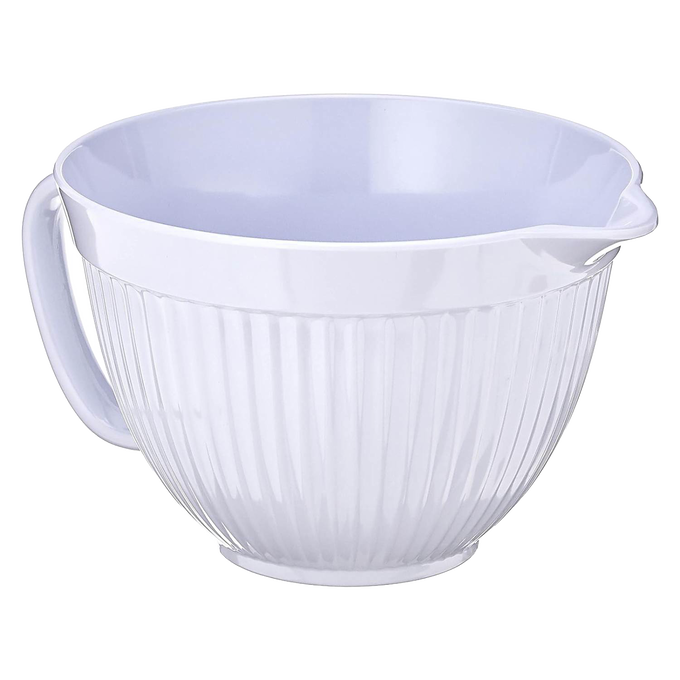 White 3-quart mixing bowl with textured exterior, smooth interior, built-in handle and spout for easy pouring, ideal for kitchen, cookware, and baking supplies collections.
