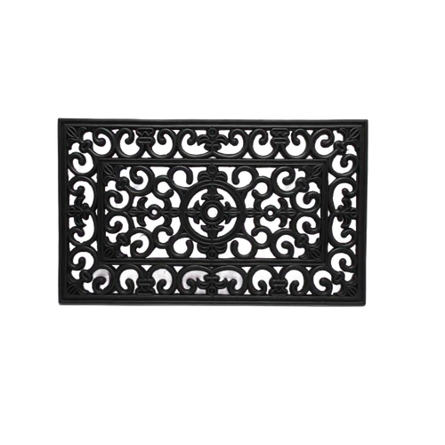 Durable black rubber floor mat with an ornate filigree pattern designed to trap dirt and debris, handcrafted for use in Home & Decor, Home Textiles, Household Helpers, and Best Sellers collections.
