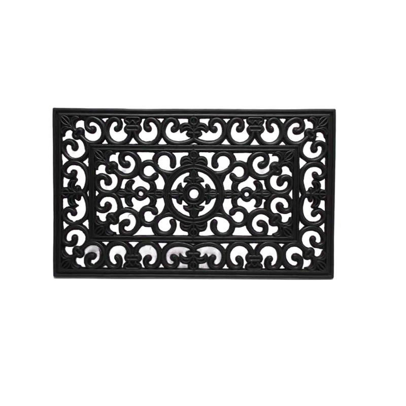 Durable black rubber floor mat with an ornate filigree pattern designed to trap dirt and debris, handcrafted for use in Home & Decor, Home Textiles, Household Helpers, and Best Sellers collections.