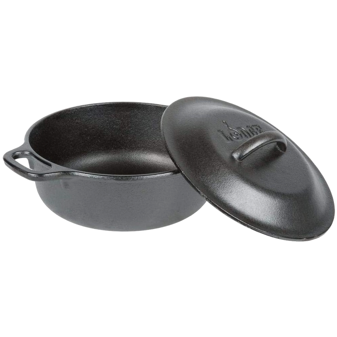 Handcrafted cast iron Dutch oven with matching lid featuring embossed brand, designed for heat retention and durable use in Kitchen & Food, Cookware, Cast Iron, USA Made, Best Sellers collections.