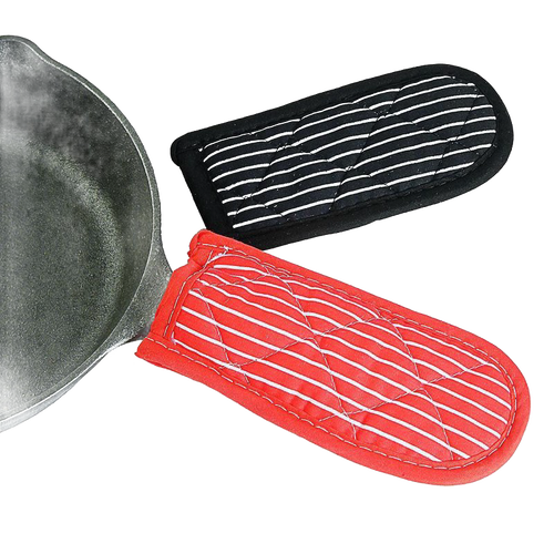 Set of two padded hot handle pads in red and black with white stripes, designed to protect hands from heat up to 350°F, ideal for cast iron cookware in Kitchen & Food, Cookware, Cast Iron, and Best Sellers collections.