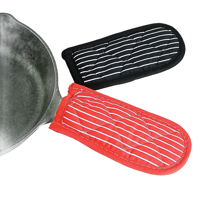 Set of two padded hot handle pads in red and black with white stripes, designed to protect hands from heat up to 350°F, ideal for cast iron cookware in Kitchen & Food, Cookware, Cast Iron, and Best Sellers collections.