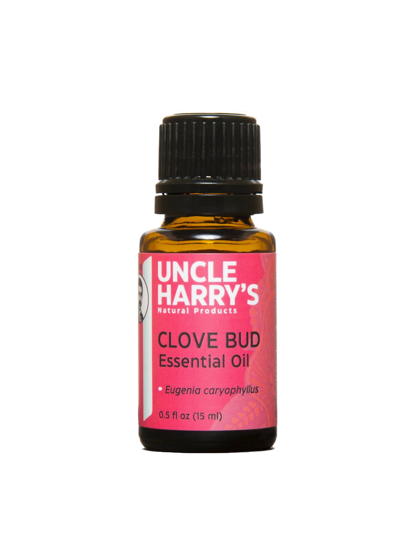 Small amber glass bottle of handcrafted clove bud essential oil with black cap and red label, made in USA, ideal for Health & Wellness, Soapmaking, Candlemaking, and Health Remedies collections.
