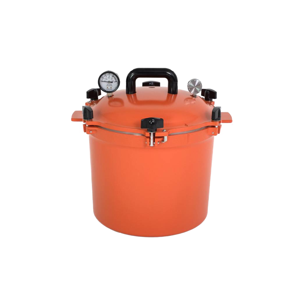 Bright orange handcrafted All American 21.5-quart pressure canner with secure locking lid, built-in pressure gauge, and sturdy handle, made in USA for Kitchen & Food and Food Preservation collections.