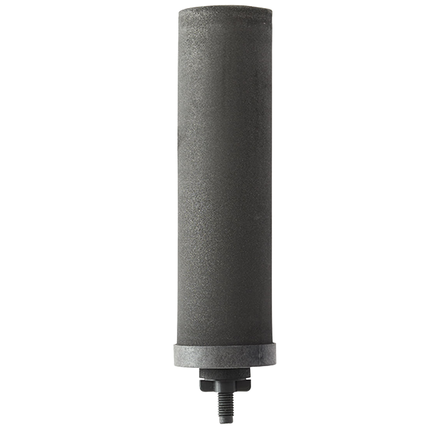Single black cylindrical replacement water filter element with textured surface and threaded connection, designed for gravity-fed filtration in appliances and water treatment collections.