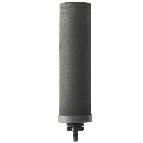 Single black cylindrical replacement water filter element with textured surface and threaded connection, designed for gravity-fed filtration in appliances and water treatment collections.