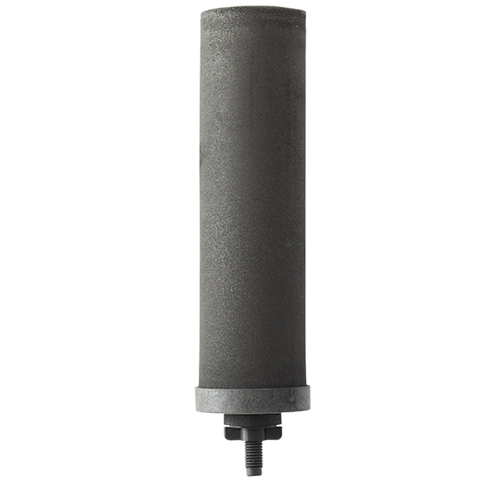 Single black cylindrical replacement water filter element with textured surface and threaded connection, designed for gravity-fed filtration in appliances and water treatment collections.