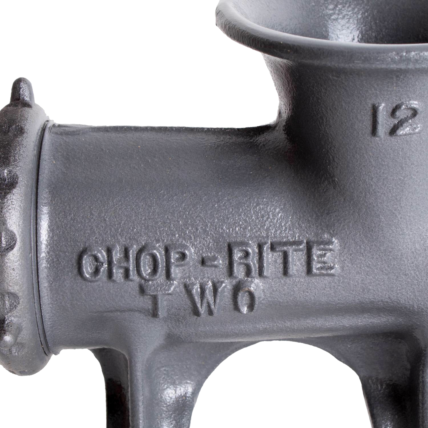 Heavy-duty gray metal meat grinder with bold embossed Chop Rite Two branding, featuring tough Xylon coating, designed for Kitchen & Food, Specialty Equipment, Butchering Supplies, USA Made, and Best Sellers collections.