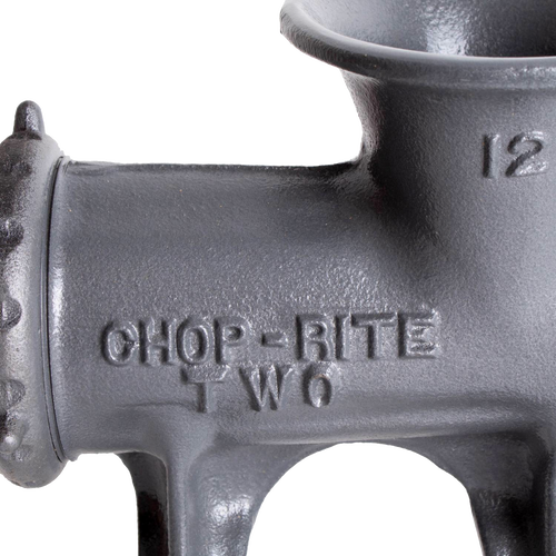 Heavy-duty gray metal meat grinder with bold embossed Chop Rite Two branding, featuring tough Xylon coating, designed for Kitchen & Food, Specialty Equipment, Butchering Supplies, USA Made, and Best Sellers collections.