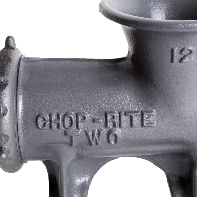 Heavy-duty gray metal meat grinder with bold embossed Chop Rite Two branding, featuring tough Xylon coating, designed for Kitchen & Food, Specialty Equipment, Butchering Supplies, USA Made, and Best Sellers collections.