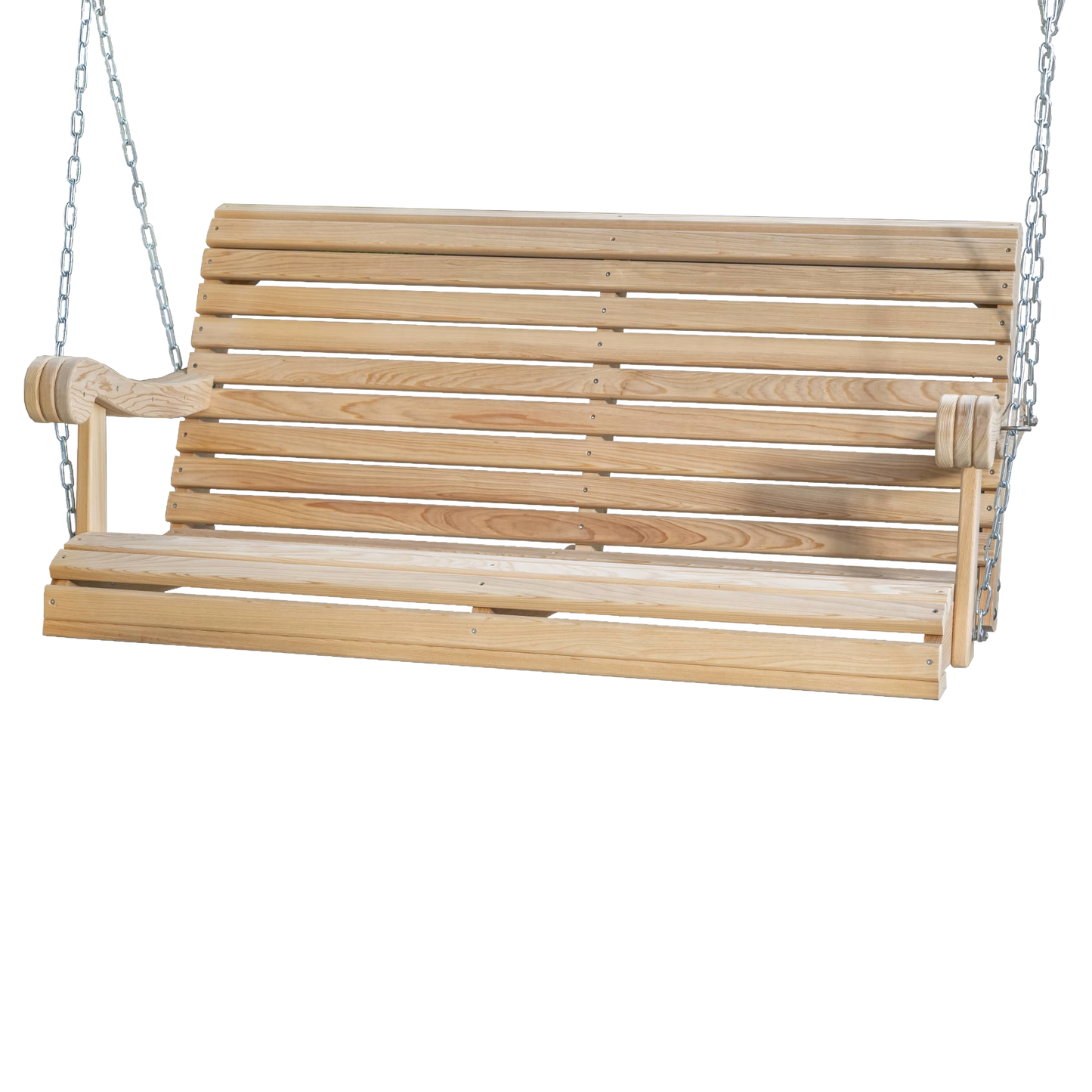 Handcrafted cypress wood hanging porch swing with smooth slats and sturdy chains, Amish made, low-maintenance and insect-resistant, ideal for outdoor furniture and home decor collections.