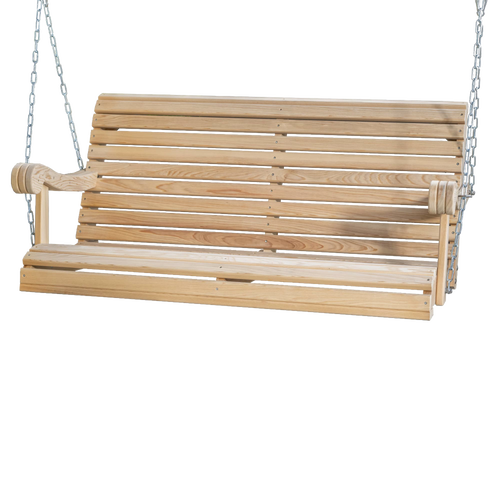 Handcrafted cypress wood hanging porch swing with smooth slats and sturdy chains, Amish made, low-maintenance and insect-resistant, ideal for outdoor furniture and home decor collections.
