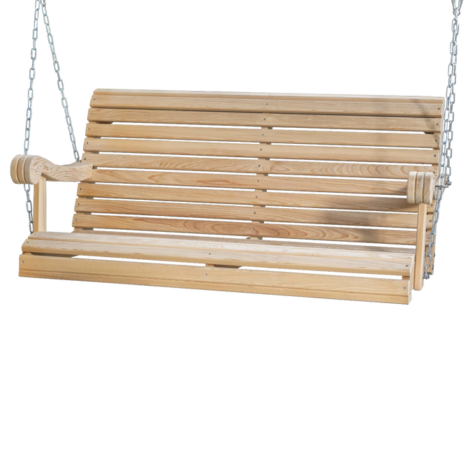 Handcrafted cypress wood hanging porch swing with smooth slats and sturdy chains, Amish made, low-maintenance and insect-resistant, ideal for outdoor furniture and home decor collections.