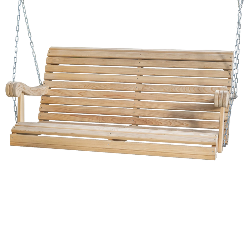 Handcrafted cypress wood hanging porch swing with smooth slats and sturdy chains, Amish made, low-maintenance and insect-resistant, ideal for outdoor furniture and home decor collections.