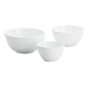 Set of three white glass mixing bowls in small, medium, and large sizes, handcrafted in USA, ideal for Kitchen & Food, Cookware, Baking Supplies, Dinnerware, Best Sellers, and Promo Eligible collections.