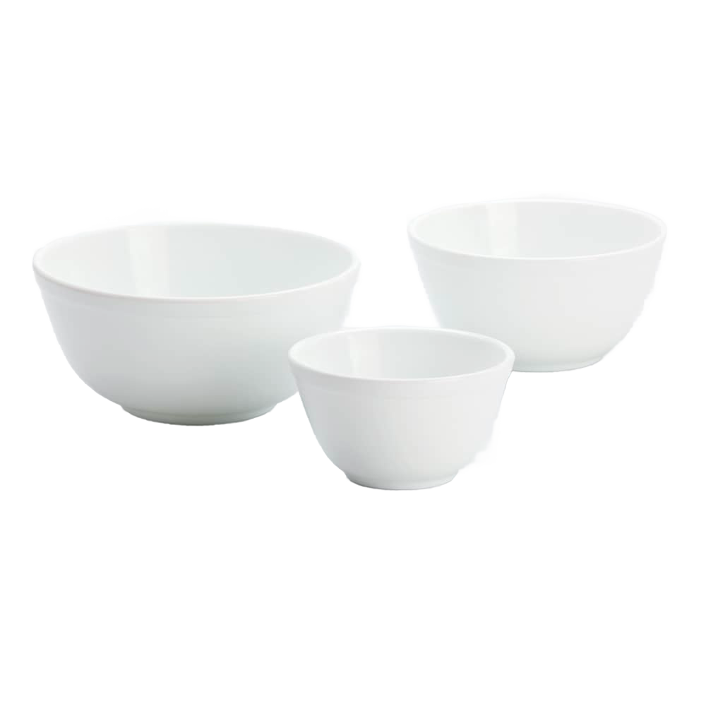 Set of three white glass mixing bowls in small, medium, and large sizes, handcrafted in USA, ideal for Kitchen & Food, Cookware, Baking Supplies, Dinnerware, Best Sellers, and Promo Eligible collections.