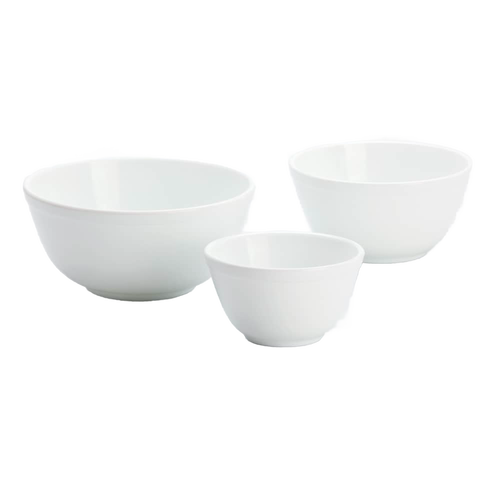 Set of three white glass mixing bowls in small, medium, and large sizes, handcrafted in USA, ideal for Kitchen & Food, Cookware, Baking Supplies, Dinnerware, Best Sellers, and Promo Eligible collections.