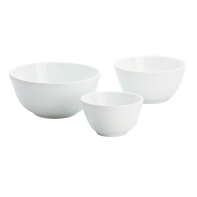 Set of three white glass mixing bowls in small, medium, and large sizes, handcrafted in USA, ideal for Kitchen & Food, Cookware, Baking Supplies, Dinnerware, Best Sellers, and Promo Eligible collections.