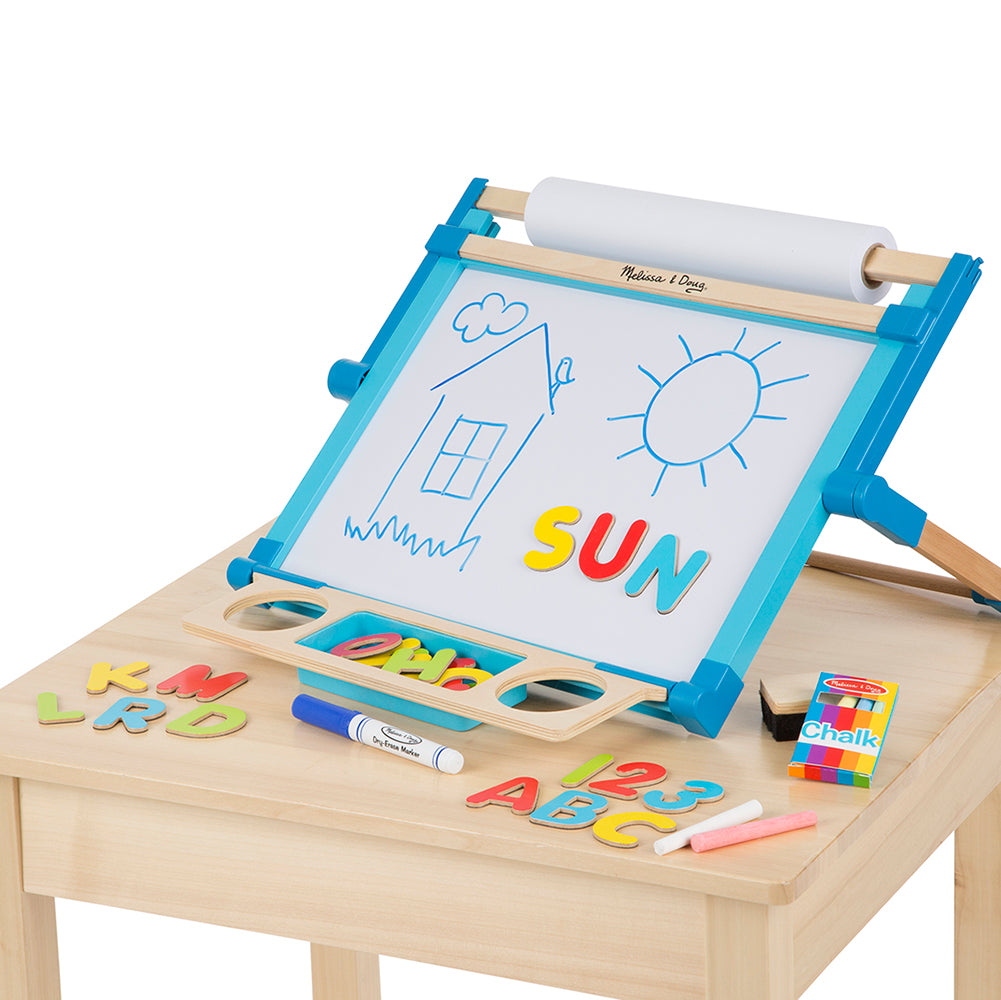 Handcrafted children's tabletop easel with magnetic dry-erase board featuring a child’s sun and house drawing, colorful letter magnets, chalk, marker, and paper roll, ideal for Toys, Books & Games and Arts and Crafts collections.