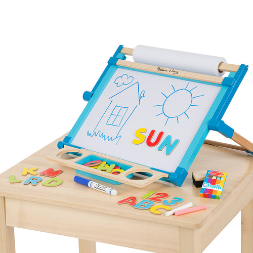 Handcrafted children's tabletop easel with magnetic dry-erase board featuring a child’s sun and house drawing, colorful letter magnets, chalk, marker, and paper roll, ideal for Toys, Books & Games and Arts and Crafts collections.